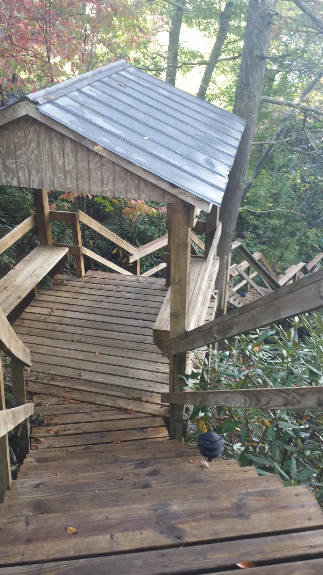 Metal roofed shelter over wooden steps on a wooded walkway — Skylight Repair & Installation work by our crew in Saulsbury